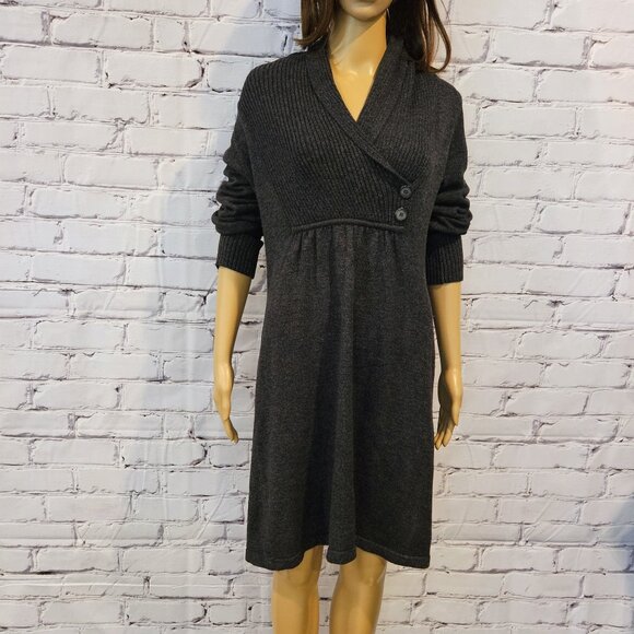 EVAN PICONE, Charcoal gray wrap-over neckline knee length knit sweater dress - Picture 4 of 9